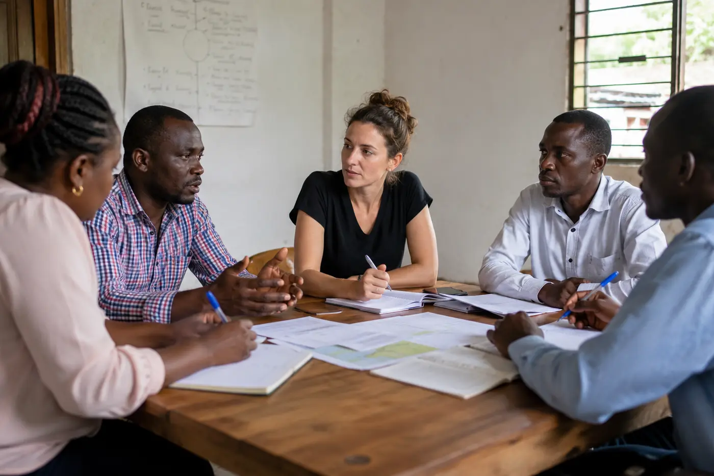 Equipe en reunion de coordination pour preparer des actions communautaires en Haiti